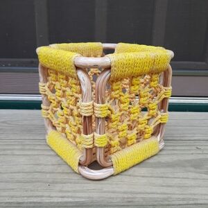 Vintage 1970s Boho Golden Yellow Macrame And Swirl Lucite Woven Storage Cube